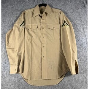 VTG 70s USMC Military Uniform Button Up Shirt Mens M Brown Long Sleeve Patches